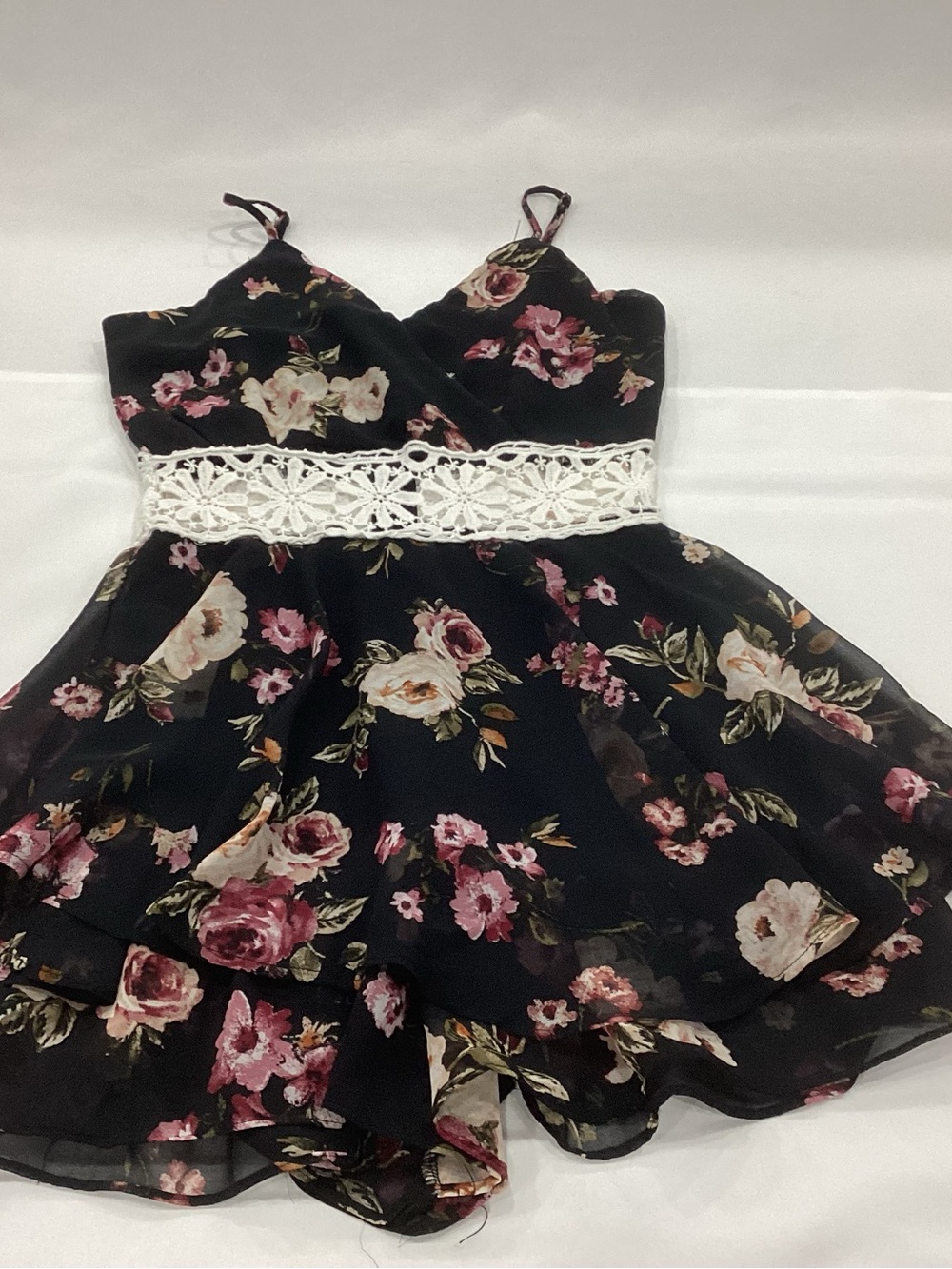 Rue21 Black Floral Lace-Trim Dress with Pink and Cream Blooms